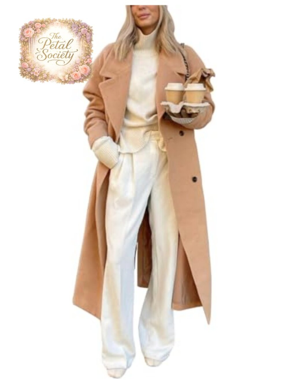 Womens Long Wool Blend Overcoat Notch Lapel Double Breasted Winter Coat